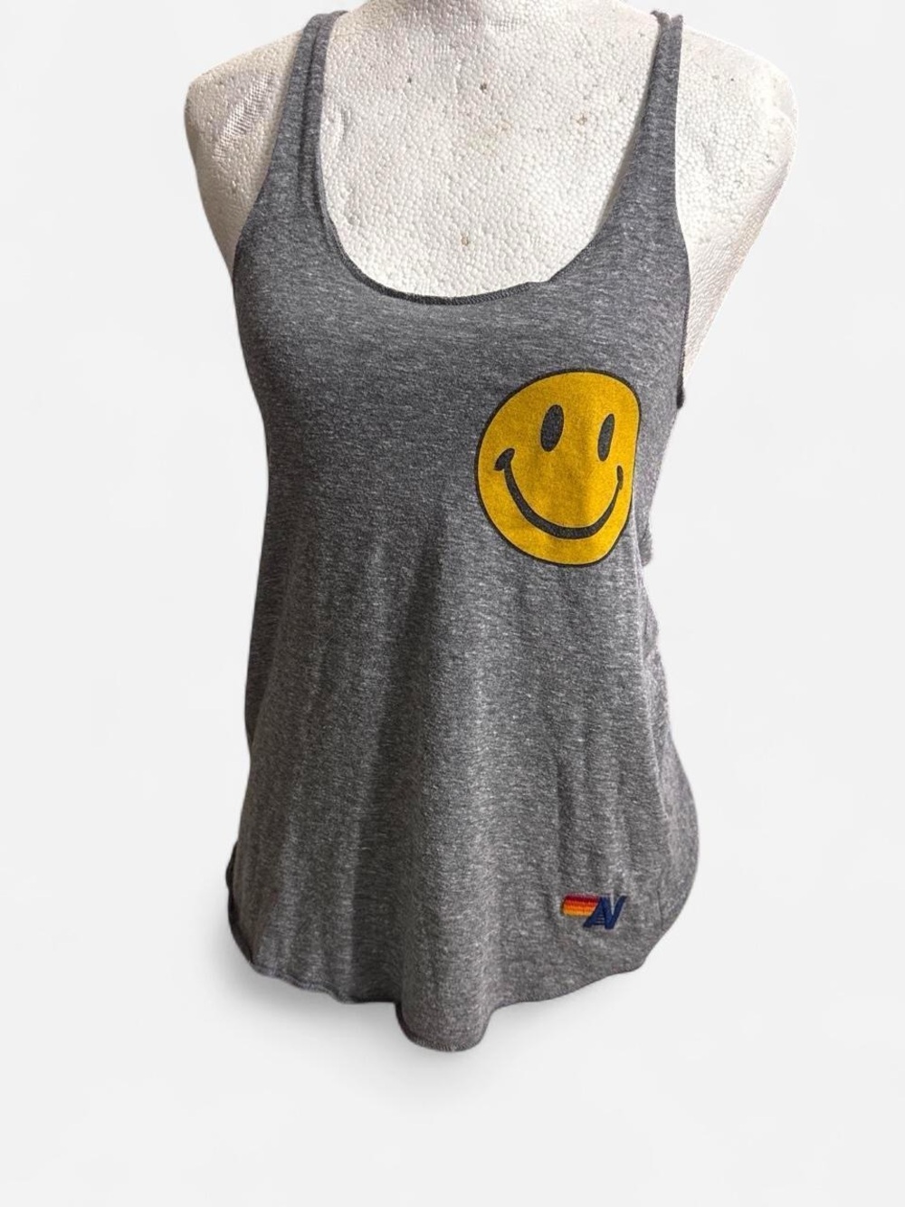 Aviator Nation Gray Racerback Tank with Yellow Smiley Graphic